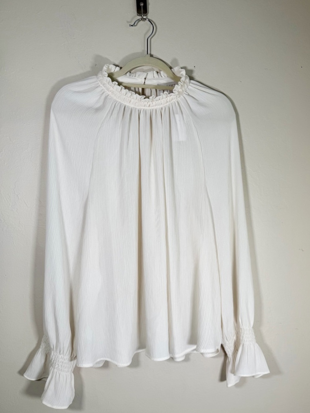 LOFT Ivory Ruffle-Neck Long Sleeve Blouse